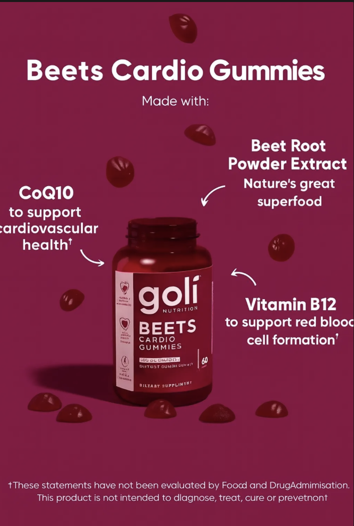 Goli Beets Cardio Gummies ad showing benefit stack layout with CoQ10, Beet Root Extract, and Vitamin B12 callouts
